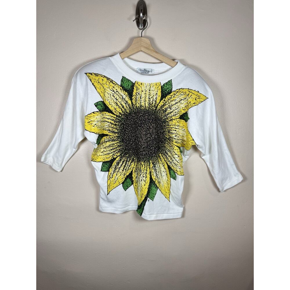 VTG Womens Sweatshirt Sunflower Graphic Shoulder Pads Crewneck Single Stitch M